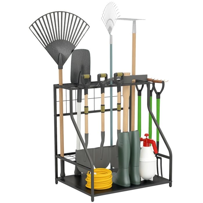 Organiseur doutils de jardin - Outsunny - avec crochets - 3 niveaux - pour sécateurs pelles râteaux - orange