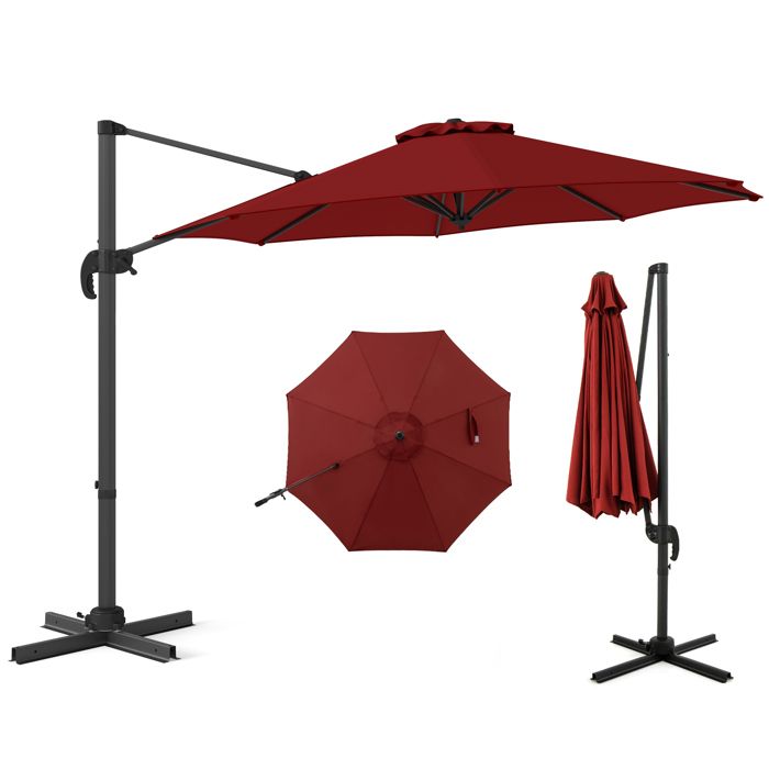 COSTWAY Parasol Déporté 294x247cm - Rotation à 360°- 5 Angles dInclinaison Réglables - Base de Croix - Anti UV pour Jardin-Rouge