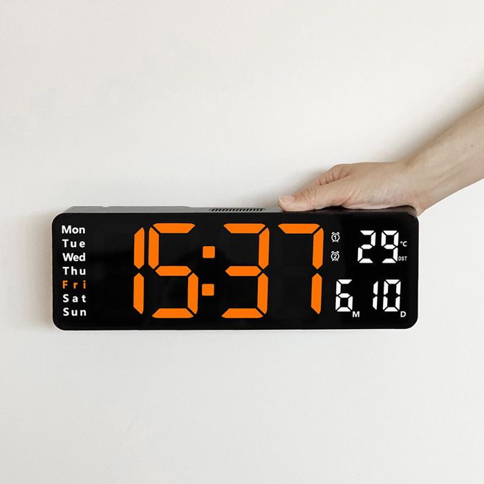 Lampe orange coquille noire 13 pouces Horloge Numérique Murale Grande avec Horloge Digitale Led à Luminosité Réglable
