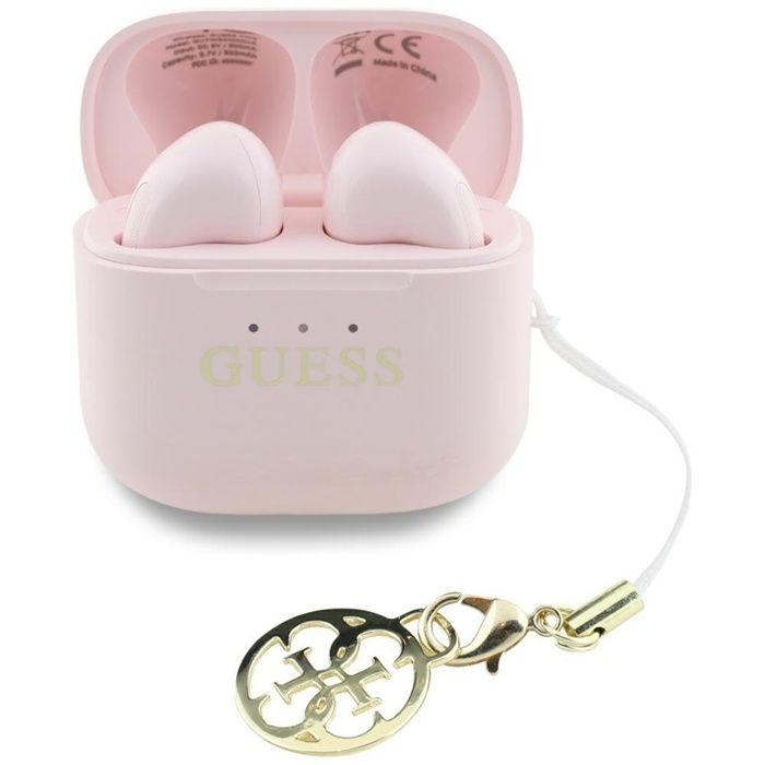 Écouteurs Bluetooth TWS Guess effet brillant avec logo et breloque classiques imprimés (rose)