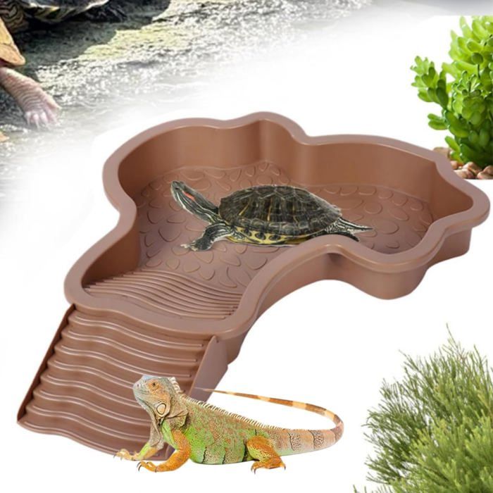 Comparer les prix de Piscine Tortue Terrestre Mangeoire Bol Deau Pour Reptiles Avec Échelle Bassin Deau Pour Tortues Avec Rampe (Brun)