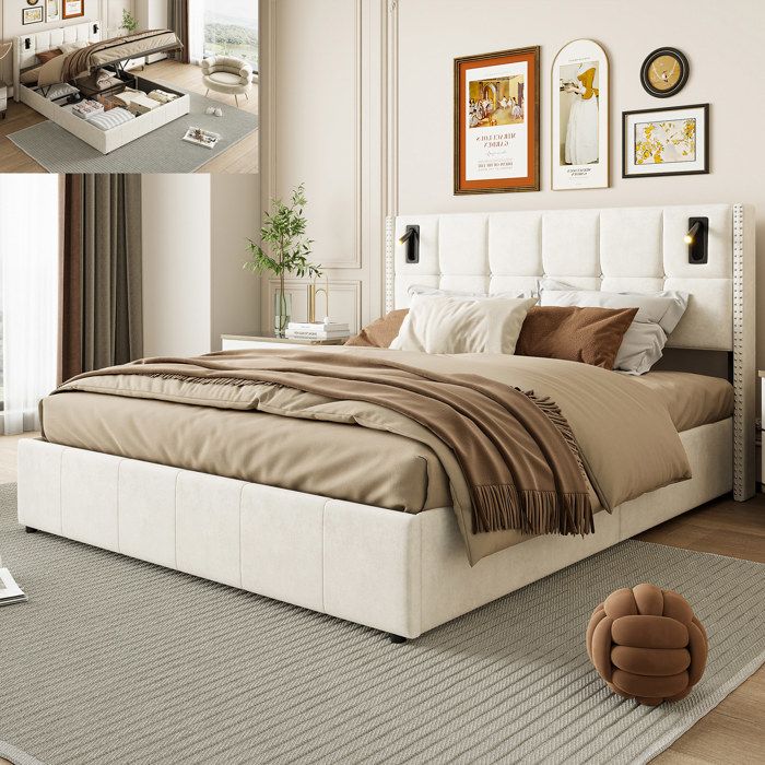 Lit coffre 160x200 cm velours beige avec tête de lit lampes de lecture LED et ouverture hydraulique