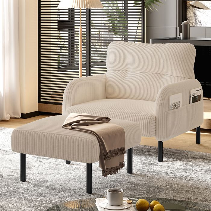 Fauteuil velours Confortable Beige avec accoudoirs à poches pour le salon chambre Fauteuil velours Confortable Beige avec accoudoirs à poches pour le salon chambre