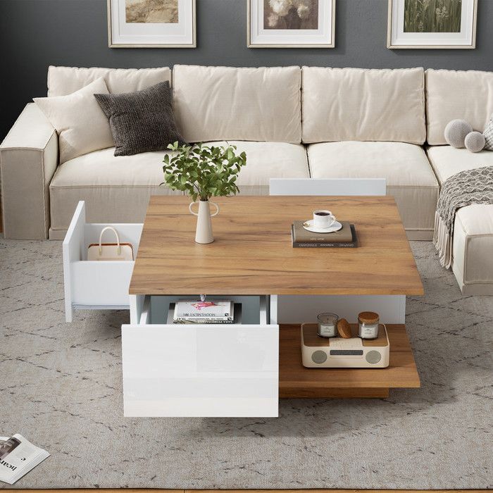 Table basse Carrée 3 Tiroirs 1 Compartiment Ouvert Design épeautre Canapé Table Style Moderne et élégant 70x70x315 cm Bois Blanc