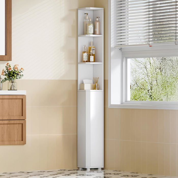Meuble de Salle de Bain Armoire de Salle de Bain dangleavec Étagères Réglables et 2 Portes latérales 20 x 20 x 170 cm Blanc