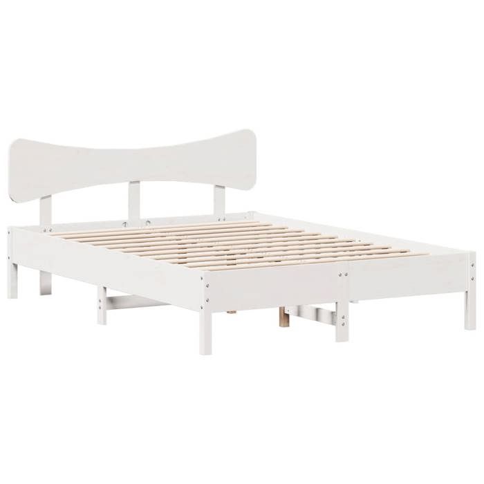 Lit Double Bois - KENNETH - Structure de lit - 2 Personnes - sans matelas - blanc 140x190 cm - bois de pin massif LL4939