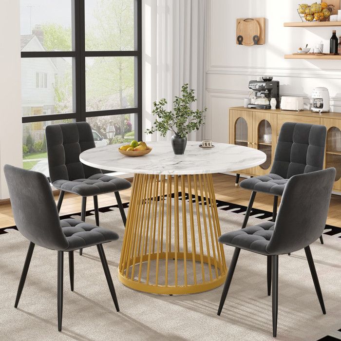 Table à Manger 5 Pièces - Ronde 80cm - Plateau Marbre - 4 Chaises Velours Gris - Pieds Or