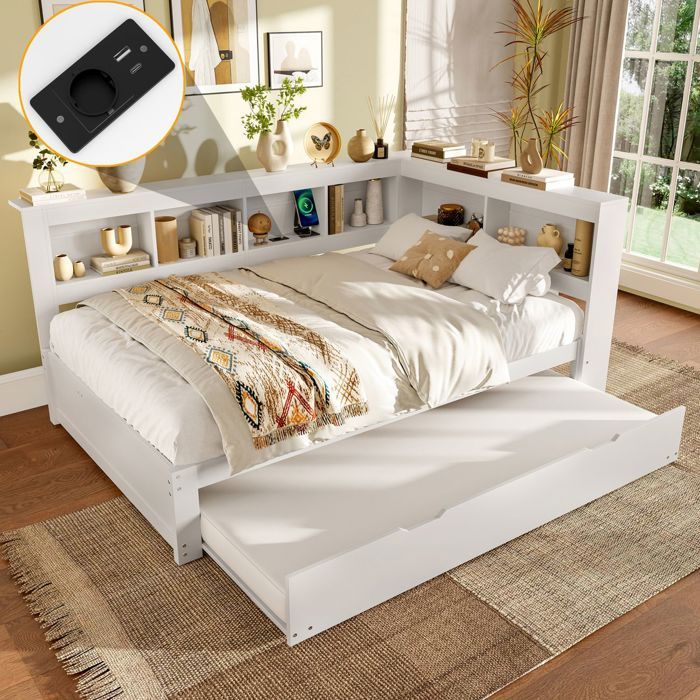 Canapé-lit gigogne - SOGEU - 140x200 - 2 tiroirs de rangement - Prise + 2 ports USB - Blanc
