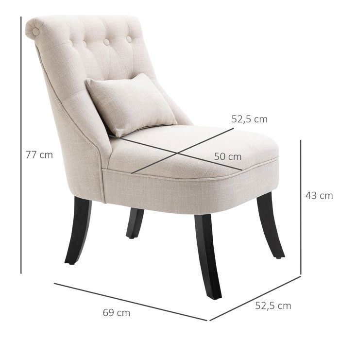 fauteuil avec coussin arrière chaise longue avec optique en lin jambe en bois 52 5 x 69 x 77 cm blanc crème