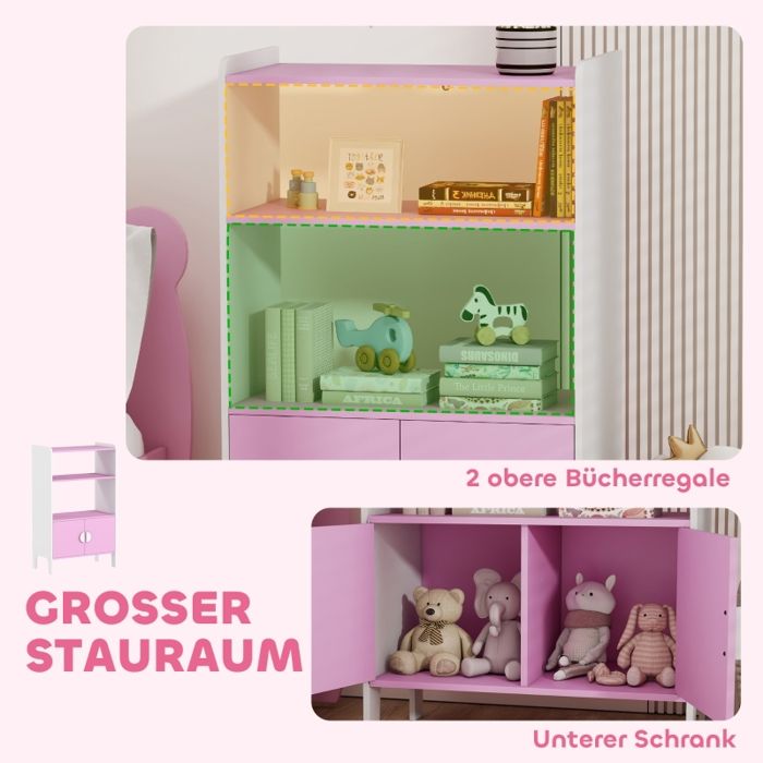 Bibliothèque pour enfants 2 étagères 2 placards indépendant design anti-basculement pieds antidérapants MDF rose+blanc