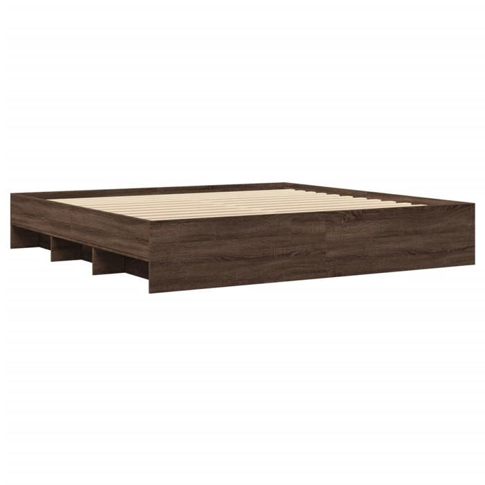 Structure de lit chêne marron - UU - 200x200 cm - Bois dingénierie - Sommier à lattes - Compartiments de rangement