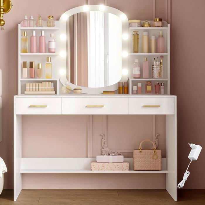 Coiffeuse avec Miroir Ovale Coiffeuse avec Miroir LED à Luminosité Réglable Table de Maquillage 3 Tiroirs avec 6 Étagères Blanc