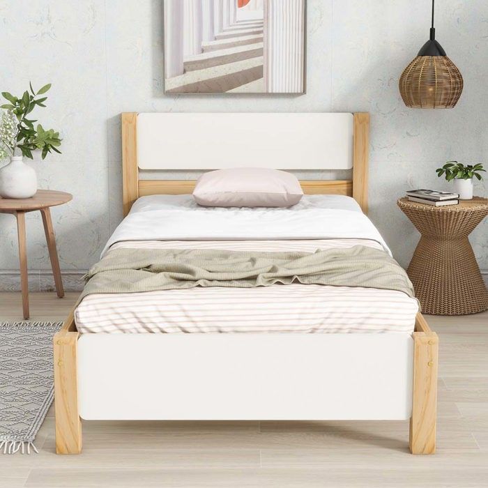 Structure de lit simple - Lit simple 90 x 200 cm - Bois de pin - Sommier 15 lattes - Blanc naturel