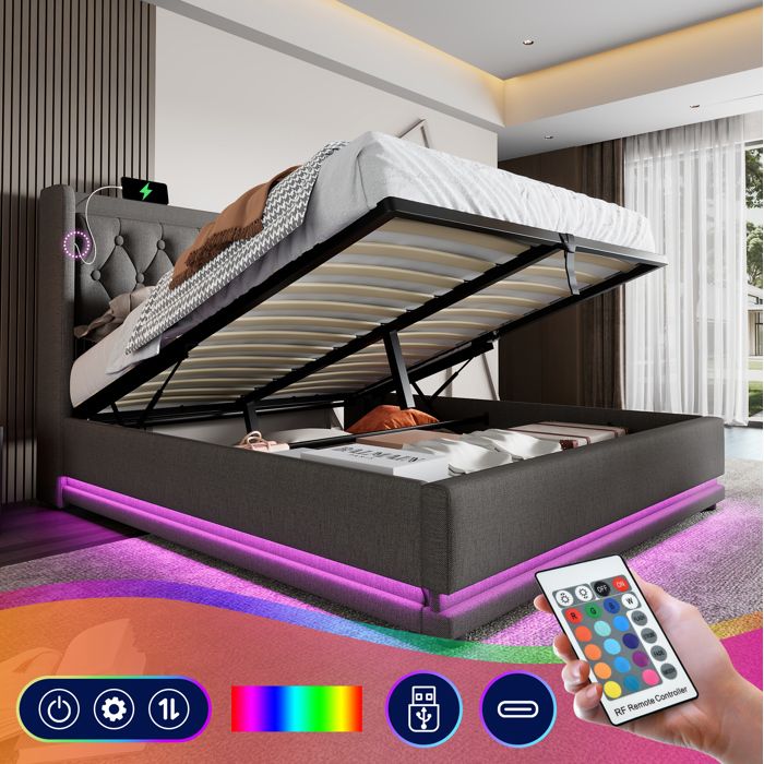 Lit coffre capitonné 180x200 cm. hydraulique. USB Type-C. LED. coton. sans matelas. gris