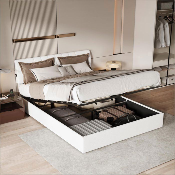 Lit Coffre 160x200 avec Sommier-PERGAR-Lit Double avec USB-Lit Hydraulique avec Rangement sous le lit-Moderne-Velours Teddy-Blanc