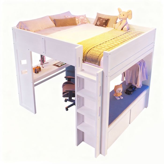Lit Mezzanine 90x200 cm avec Bureau et Tiroir de Rangement - Lit Combiné enfant Sans Matelas Blanc