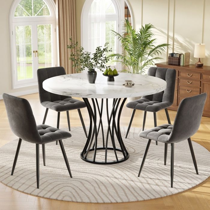 Set table ronde 5 pièces - 80 cm - Plateau blanc marbré - Piètement métal noir - Chaises velours gris
