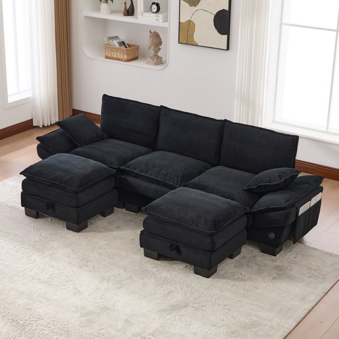 Canapé modulable 3 places noir 260 x 132 x 84 cm avec 2 poufs USB-C et rangements