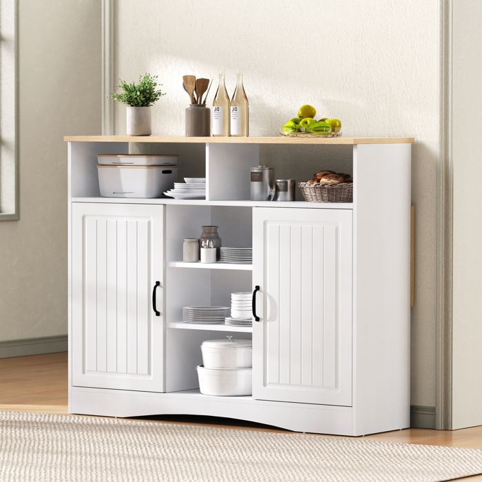 Îlot de cuisine 110x34x97.5 cm avec coin repas extensible avec chaises Buffet de cuisine avec roulettes Buffet bas en blanc