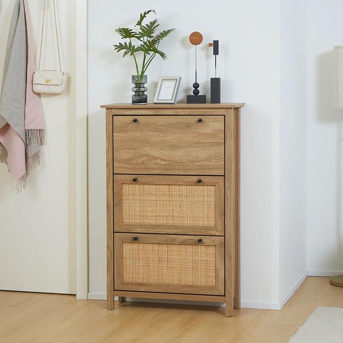 Meuble à chaussures - 80x23 5x121 5 cm - 3 portes rabattables - 18 paires - Aspect rotin bois naturel