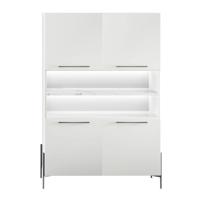 Buffet haut 4 portes laqué blanc plateau marbré pieds et poignées métal anthracite + Leds - CARAT Buffet haut 4 portes laqué blanc plateau marbré pieds et poignées métal anthracite + Leds - CARAT