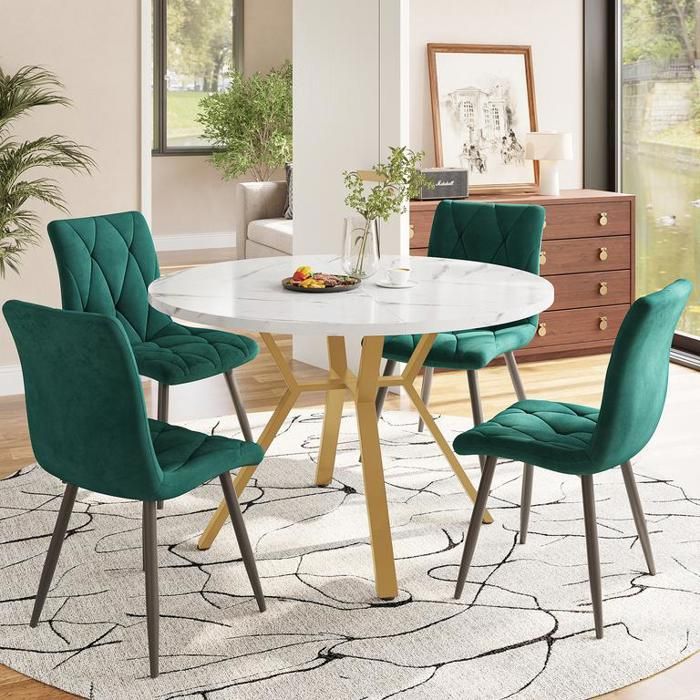 Ensemble de salle à manger rondes en marbre Table à manger avec 4 chaises ergonomiques en velours Chaise de salle à manger verte