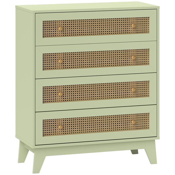 Commode - HOMCOM - 4 tiroirs meuble de rangement cannage en rotin mobilier chambre - bois - 80x35x95cm - aspect bois clair et vert