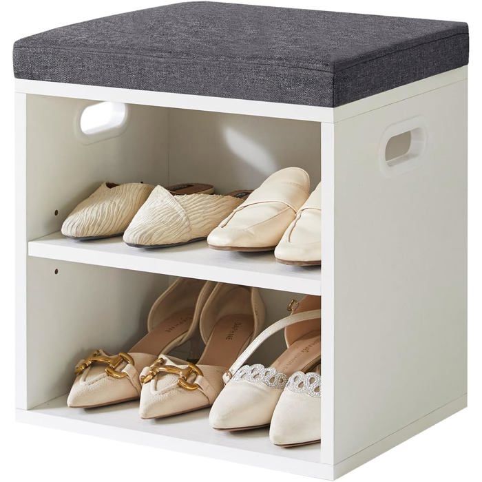 Banc de Rangement pour Chaussures à 2 Niveaux avec Siège Rembourré Réglable - Dimensions 42H x 39L x 28W cm - Pour Entrée en Blanc