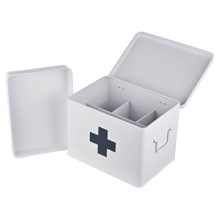 Relaxdays Boîte à pharmacie 4 compartiments insert amovible métal poignées H x L x P 21 x 28 x 20 5 cm blanc