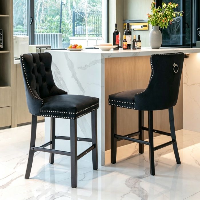 Lot de 2 Tabourets de Bar - BELLEMAVE - Tissu Velours - Pieds en Bois Massif - Bordure Cloutée - Chaises de Cuisine - Noir