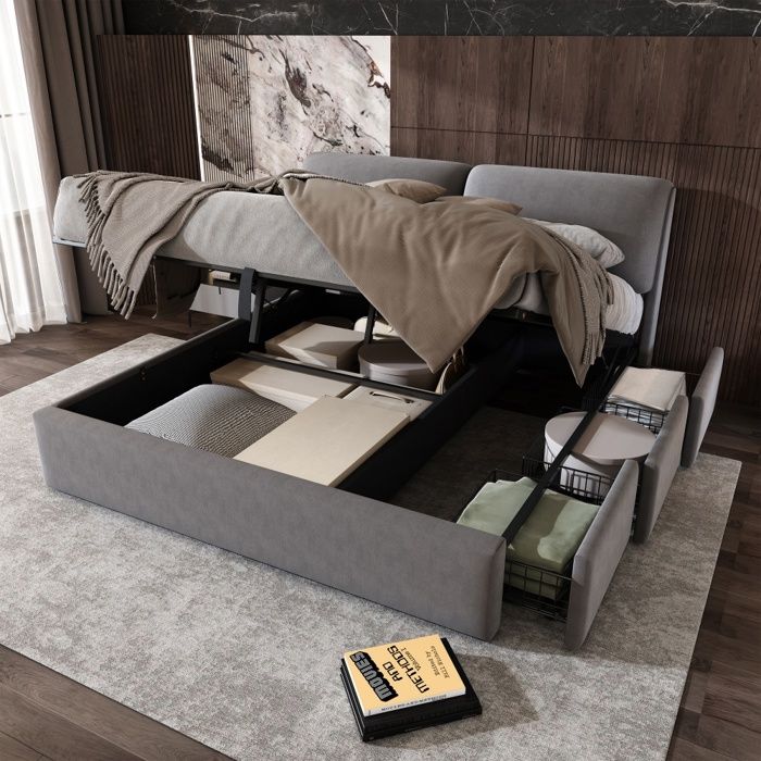 lit rembourré hydraulique 180x200 cm- lit de rangement avec sommier à lattes et trois tiroirs- velours- gris- sans matelas