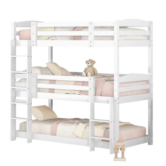 VLIVRA Lit Superposé 3 Places 3 Couchages 90×200 cm Convertible Avec Barrières et 2 Échelles sans Matelas Blanc
