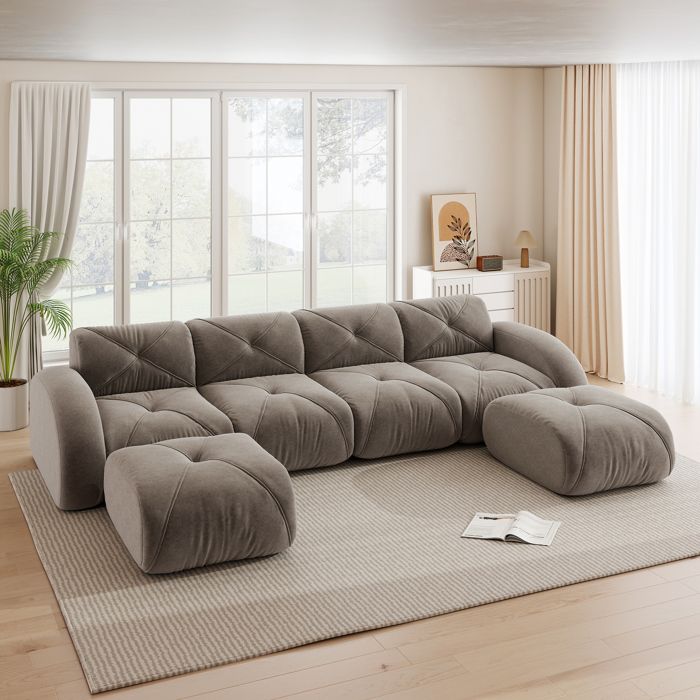 Canapé dangle modulable en U 4 places Canapé panoramique effet nuage avec 2 poufs assise profonde pour salon - chenille - marron