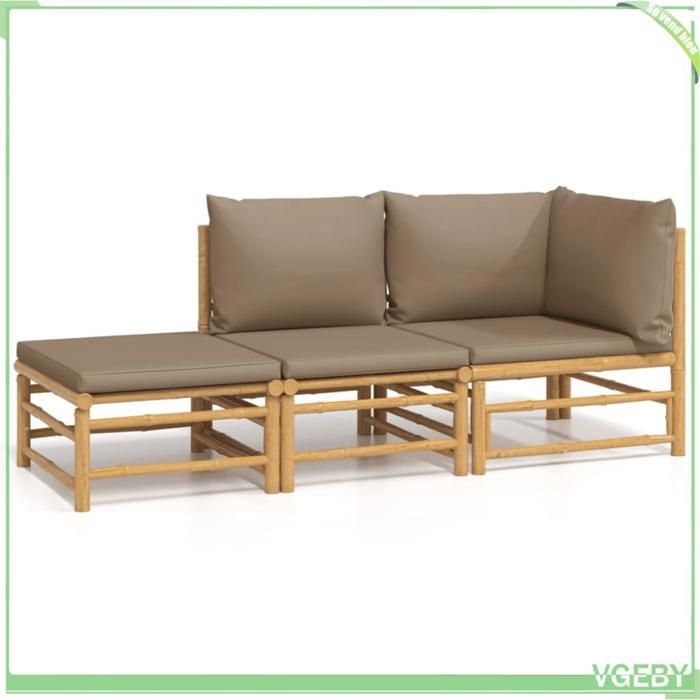 Salon de jardin en bambou - FAFEICY - 3155140 - coussins taupe - modulable 3 pcs - finition huile naturelle