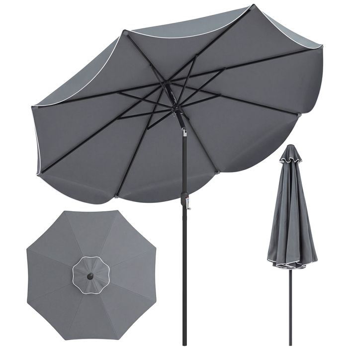 COSTWAY Parasol de Jardin Exterieur à Volants 277 cm 30° Inclinaison 8 Baleines en Métal pour Terrasse Jardin Piscine Gris