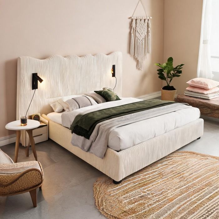 Grand lit double 180x200 cm en velours côtelé beige avec tête ondulée lampe de lecture pivotante et coffre hydraulique