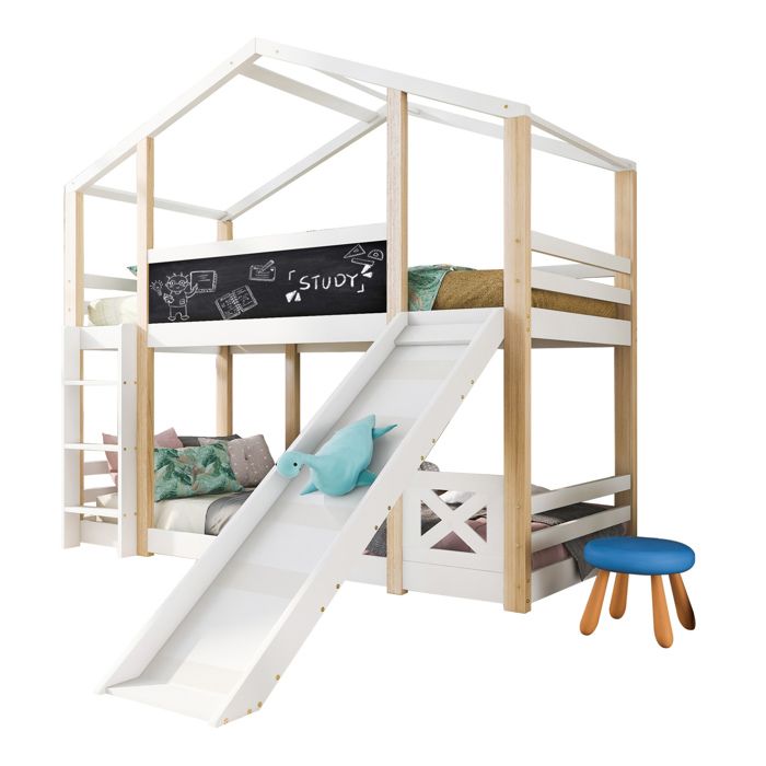 Lit cabane en hauteur 90x200 cm pour enfant avec toboggan échelle 2x sommiers à lattes naturel/blanc