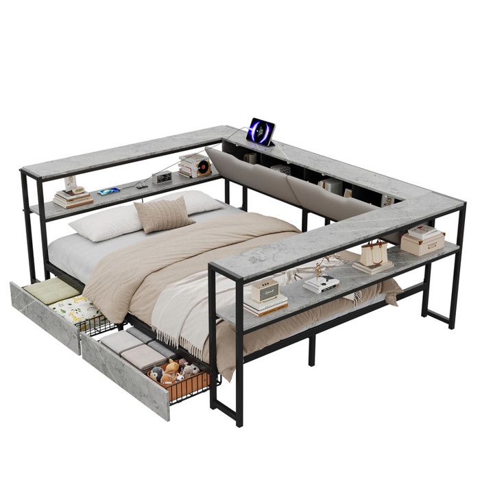 Canapé-lit 140x200 convertible avec chargeur USB/Type-C et 2 tiroirs.béton sommier métal.pour studio ou chambre dado.Sans matelas