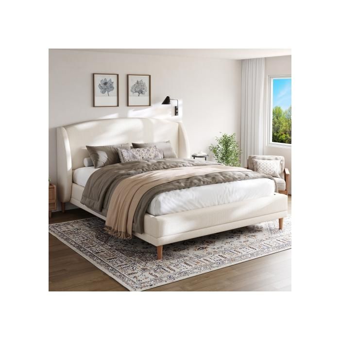 MEULVA Lit adulte capitonné 140 x 190 cm en bouclette avec tête de lit à oreilles sommier à lattes blanc