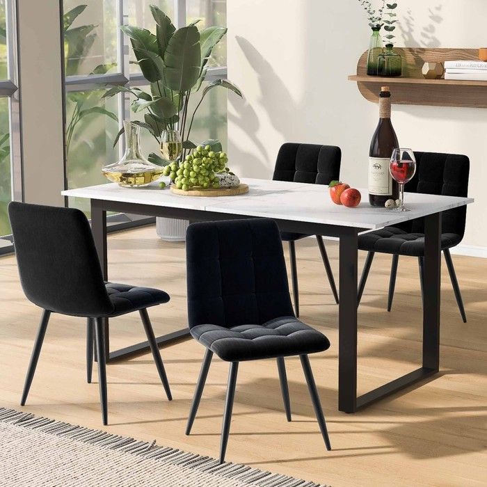 Set table repas - MINIMAL - table 140/180x80x75cm + 4 chaises velours noir plateau MDF blanc pieds noirs Set table repas - MINIMAL - table 140/180x80x75cm + 4 chaises velours noir plateau MDF blanc pieds noirs