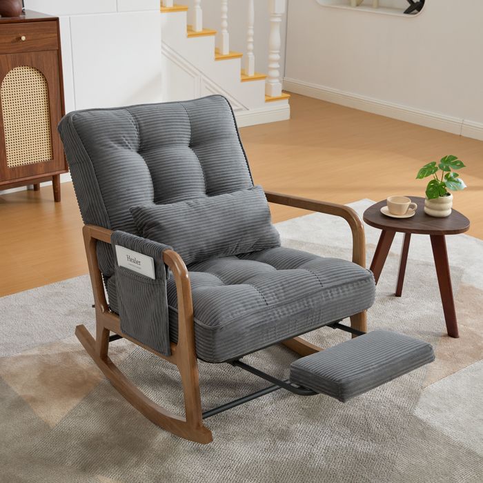 Fauteuil à Bascule 70x80x92 cm - Repose-pieds Intégré - Poche latérale avec Velcro - Velours Côtelé Gris