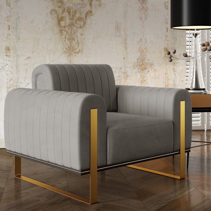 Fauteuil - Parissa - 106 cm - velours Gris clair pieds dorés Fauteuil - Parissa - 106 cm - velours Gris clair pieds dorés