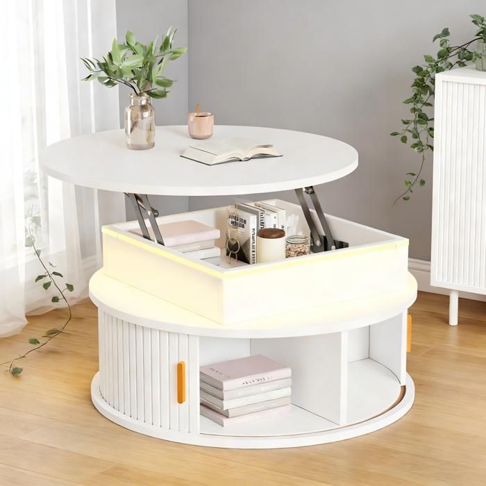 ULEVR Table basse relevable ronde 75 cm blanche en MDF plateau brillant LED et rangement intégré