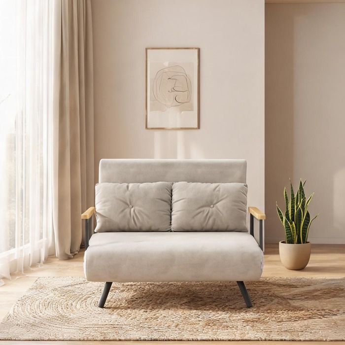 Canapé convertible effet velours beige chaud 2 places dossier réglable 5 positions