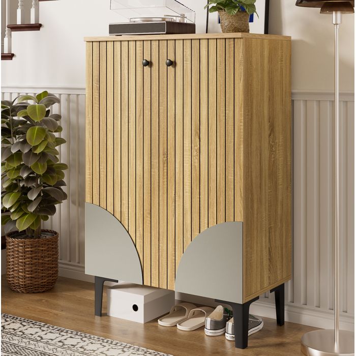 Meuble à Chaussures 2 Portes Gain de Place avec Étagères - LPOSPI - Pieds en PVC Noir Bois Naturel 60 × 32 × 94 cm