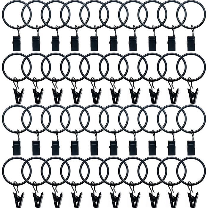 40 Pièces Anneaux Rideaux Metal avec Pinces Pince pour Rideaux Diamètre Intérieur de 32mm Noir
