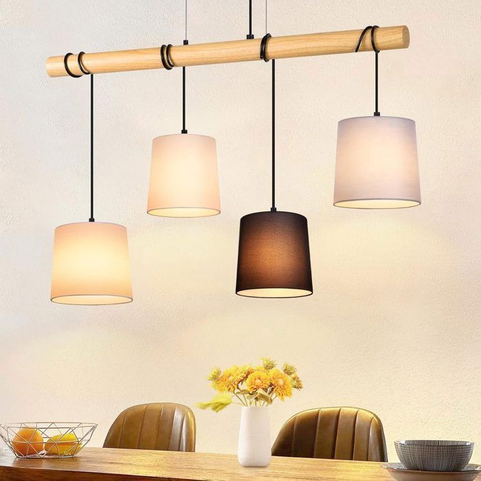 Suspension Lustre MUYUUA E14 4 Ampoules Style Rétro 80cm Abat Jour Bois Tissu Pour Salle À Manger Salon Bureau