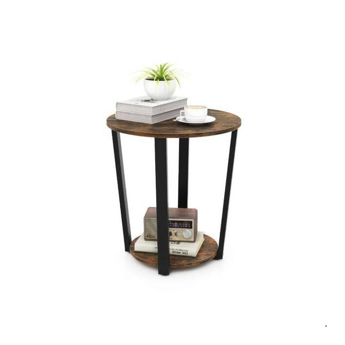 Table dappoint ronde 2 niveaux avec étagère ouverte bout de canapé pour salon ou table de chevet chambre