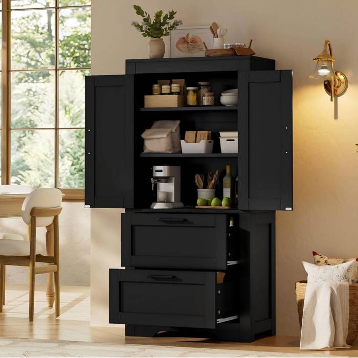 Buffet de cuisine avec 2 tiroirs étagères réglables et portes type grange - BEAUNIV - style campagne noir 60×30×128 cm