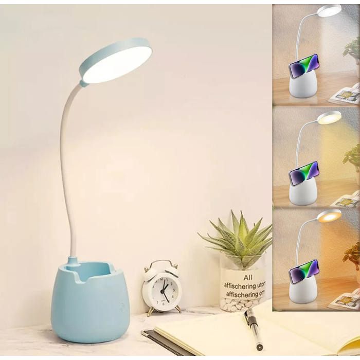 Lampe de Bureau LED Rechargeable Lampe de Lecture 3 Couleurs de Lumière Intensité Réglable pour Travail et Étude Bleu